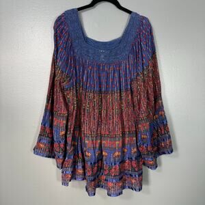 Marisol Blue & Red Lace Trim Boho Print Peasant Blouse - 1X - Women's Plus Size